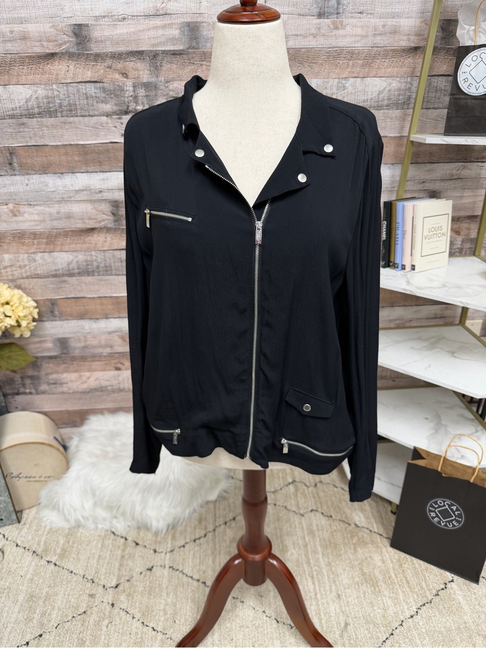 Black Label By Chicos Black Moto Style Jacket With Silver Accents